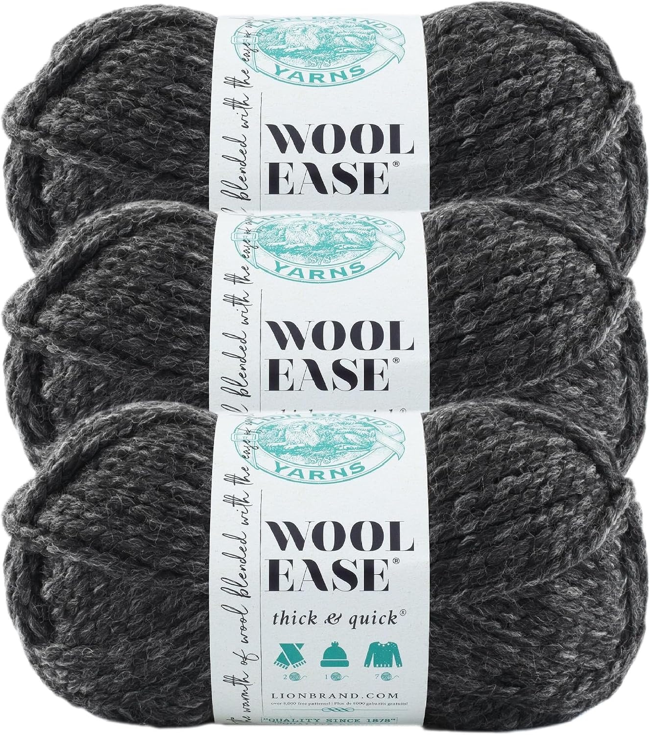 image:imageLion Brand Yarn WoolEase Thick amp Quick Yarn Celebration White 3 Pack Super Bulky Wool Acrylic Blend Fiber for Soft Hats Sweaters Chunky Blankets Yarn for Crochet Knitting Crafts WeavingCharcoal
