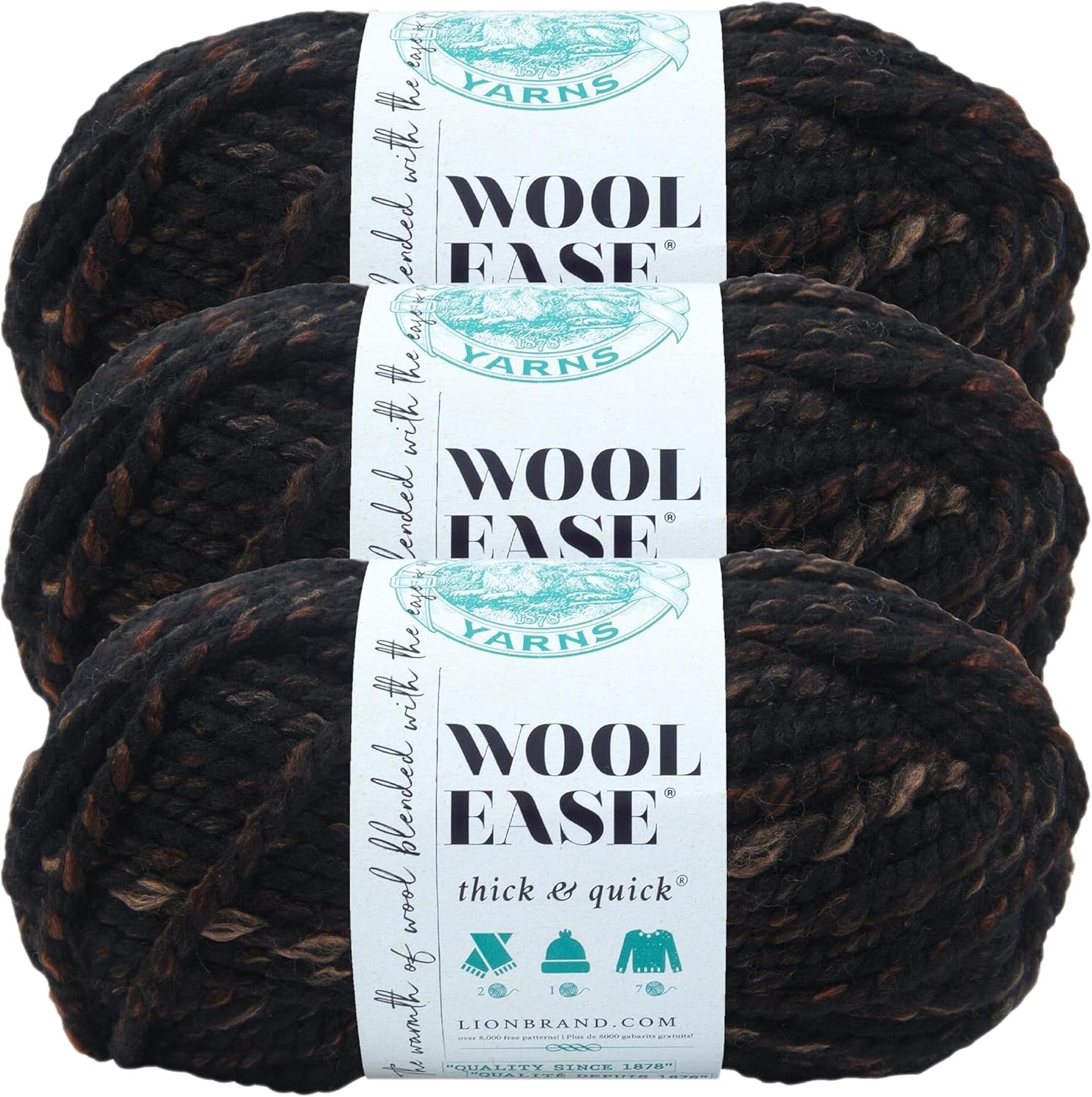 image:imageLion Brand Yarn WoolEase Thick and Quick Yarn Soft and Bulky Yarn for Knitting Crocheting and Crafting 3 Pack Abalone Super Bulky Wool Acrylic Blend Fiber for Soft Hats Sweaters Chunky Blankets Yarn for Crochet Knitting Crafts WeavingToasted Almond