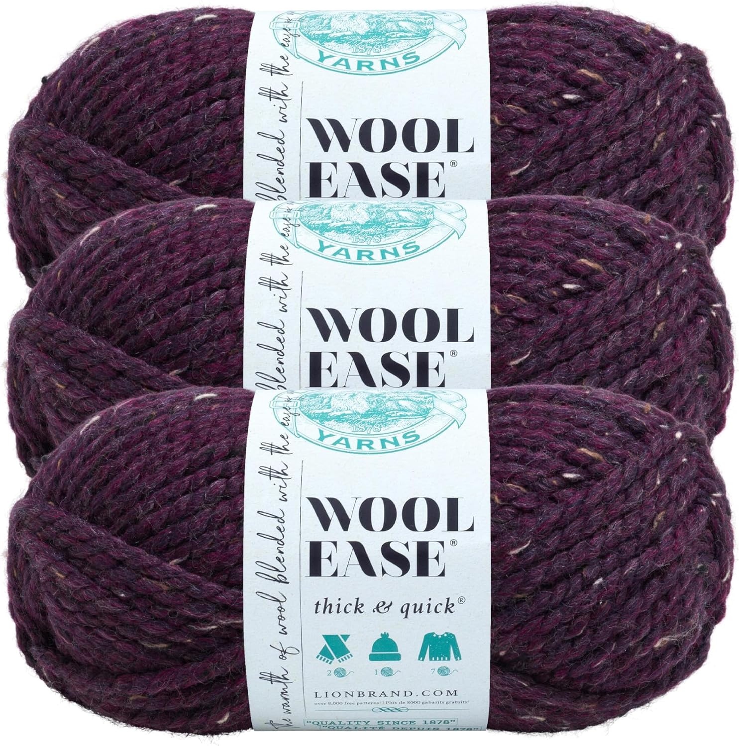 image:imageLion Brand Yarn WoolEase Thick and Quick Yarn Soft and Bulky Yarn for Knitting Crocheting and Crafting 3 Pack Abalone Super Bulky Wool Acrylic Blend Fiber for Soft Hats Sweaters Chunky Blankets Yarn for Crochet Knitting Crafts WeavingRaisin