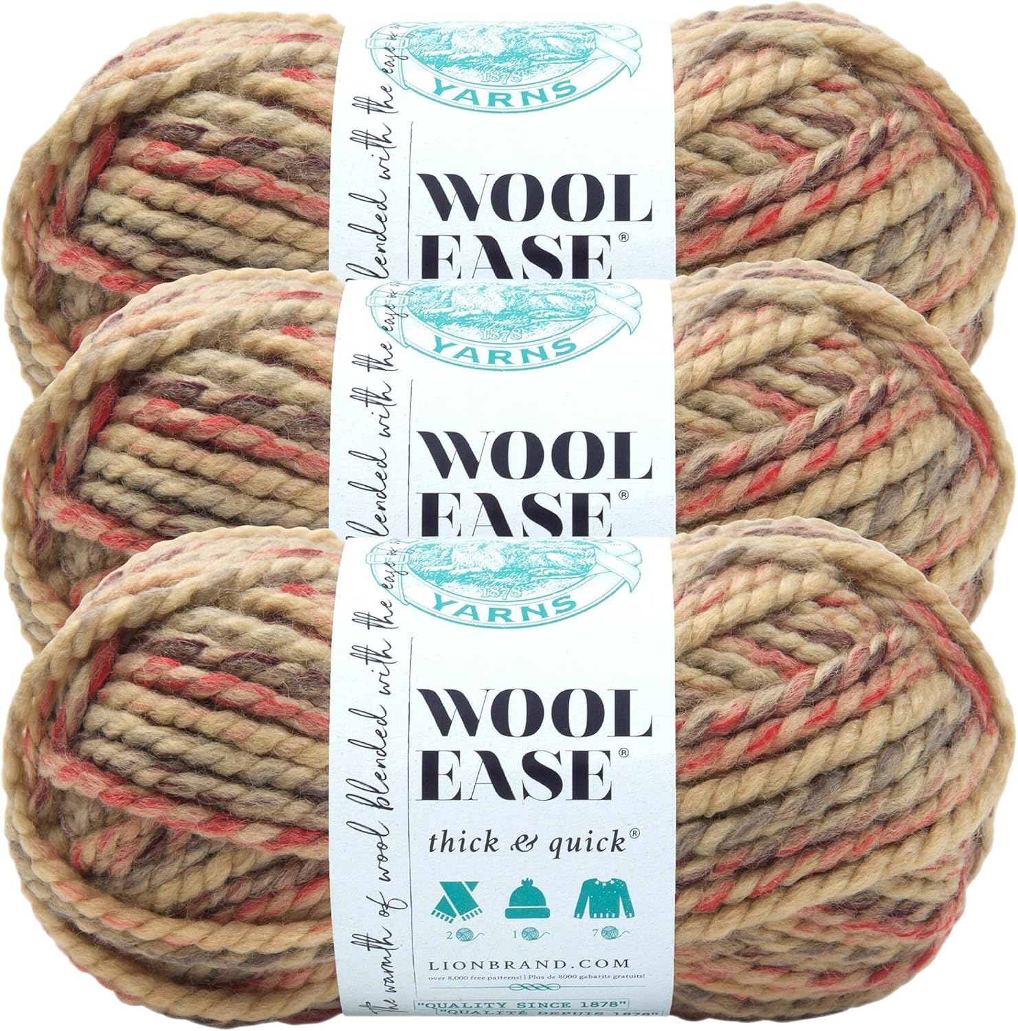 image:imageLion Brand Yarn WoolEase Thick and Quick Yarn Soft and Bulky Yarn for Knitting Crocheting and Crafting 3 Pack Abalone Super Bulky Wool Acrylic Blend Fiber for Soft Hats Sweaters Chunky Blankets Yarn for Crochet Knitting Crafts WeavingJam Cookie