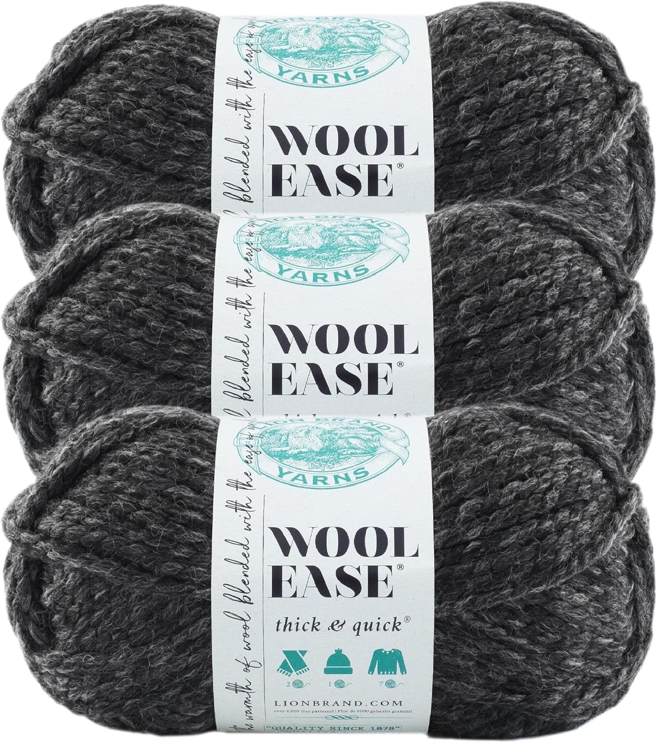 image:imageLion Brand Yarn WoolEase Thick and Quick Yarn Soft and Bulky Yarn for Knitting Crocheting and Crafting 3 Pack Abalone Super Bulky Wool Acrylic Blend Fiber for Soft Hats Sweaters Chunky Blankets Yarn for Crochet Knitting Crafts WeavingCharcoal