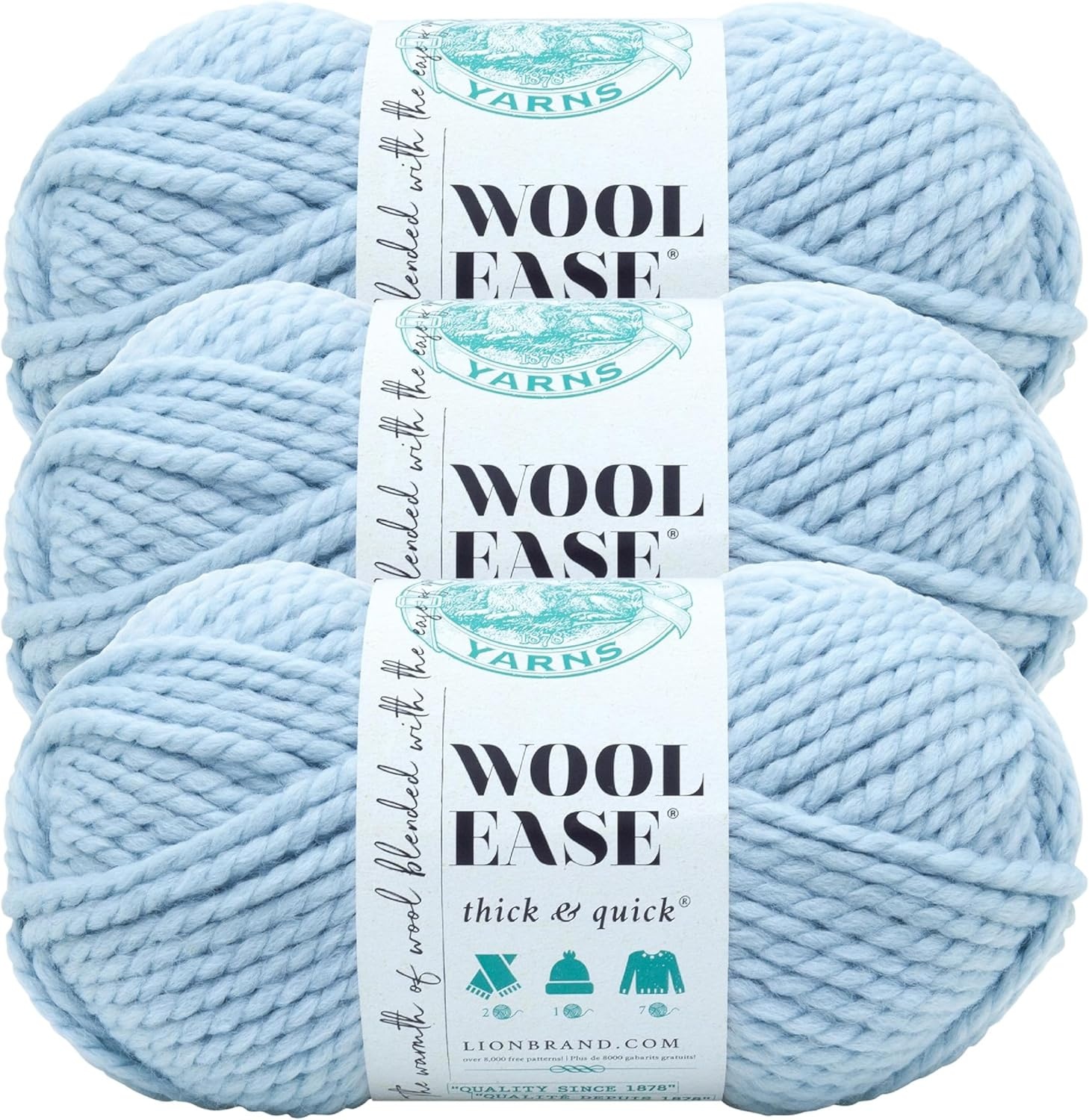 image:imageLion Brand Yarn WoolEase Thick and Quick Yarn Soft and Bulky Yarn for Knitting Crocheting and Crafting 3 Pack Abalone Super Bulky Wool Acrylic Blend Fiber for Soft Hats Sweaters Chunky Blankets Yarn for Crochet Knitting Crafts WeavingGlacier