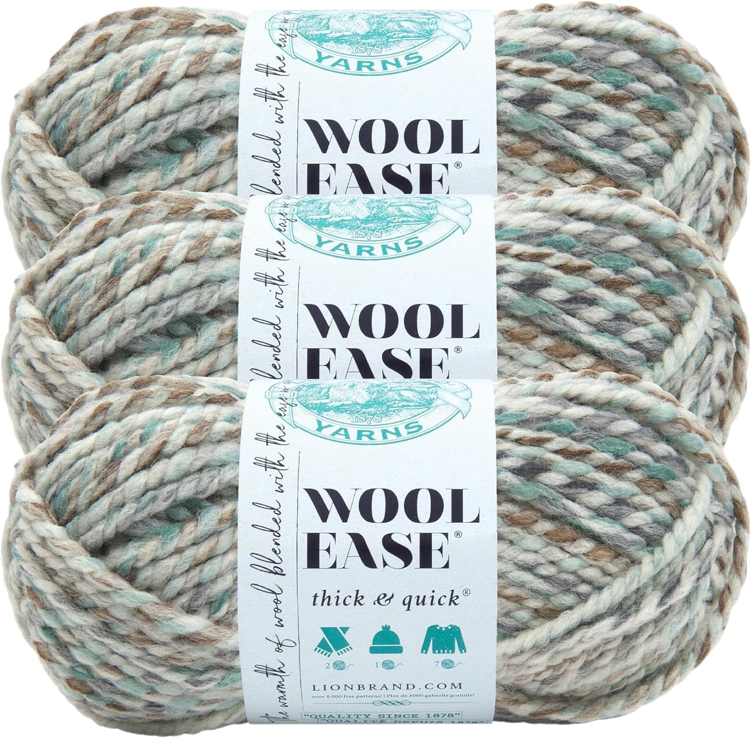 image:imageLion Brand Yarn WoolEase Thick and Quick Yarn Soft and Bulky Yarn for Knitting Crocheting and Crafting 3 Pack Abalone Super Bulky Wool Acrylic Blend Fiber for Soft Hats Sweaters Chunky Blankets Yarn for Crochet Knitting Crafts WeavingSeaglass