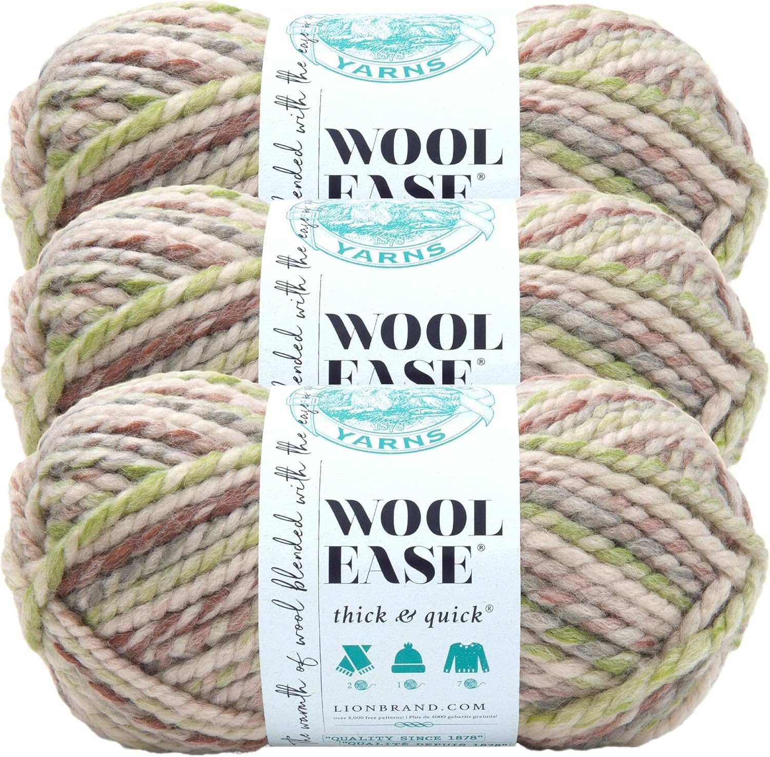 image:imageLion Brand Yarn WoolEase Thick and Quick Yarn Soft and Bulky Yarn for Knitting Crocheting and Crafting 3 Pack Abalone Super Bulky Wool Acrylic Blend Fiber for Soft Hats Sweaters Chunky Blankets Yarn for Crochet Knitting Crafts WeavingFern