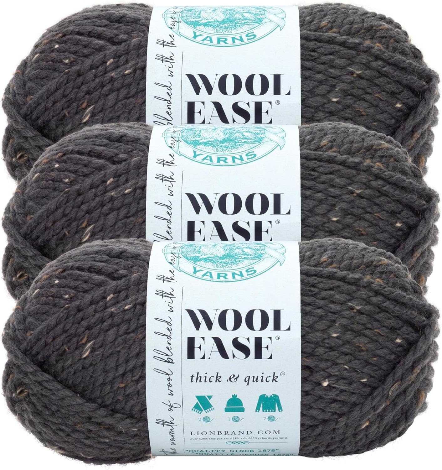image:imageLion Brand Yarn WoolEase Thick and Quick Yarn Soft and Bulky Yarn for Knitting Crocheting and Crafting 3 Pack Abalone Super Bulky Wool Acrylic Blend Fiber for Soft Hats Sweaters Chunky Blankets Yarn for Crochet Knitting Crafts WeavingGraphite