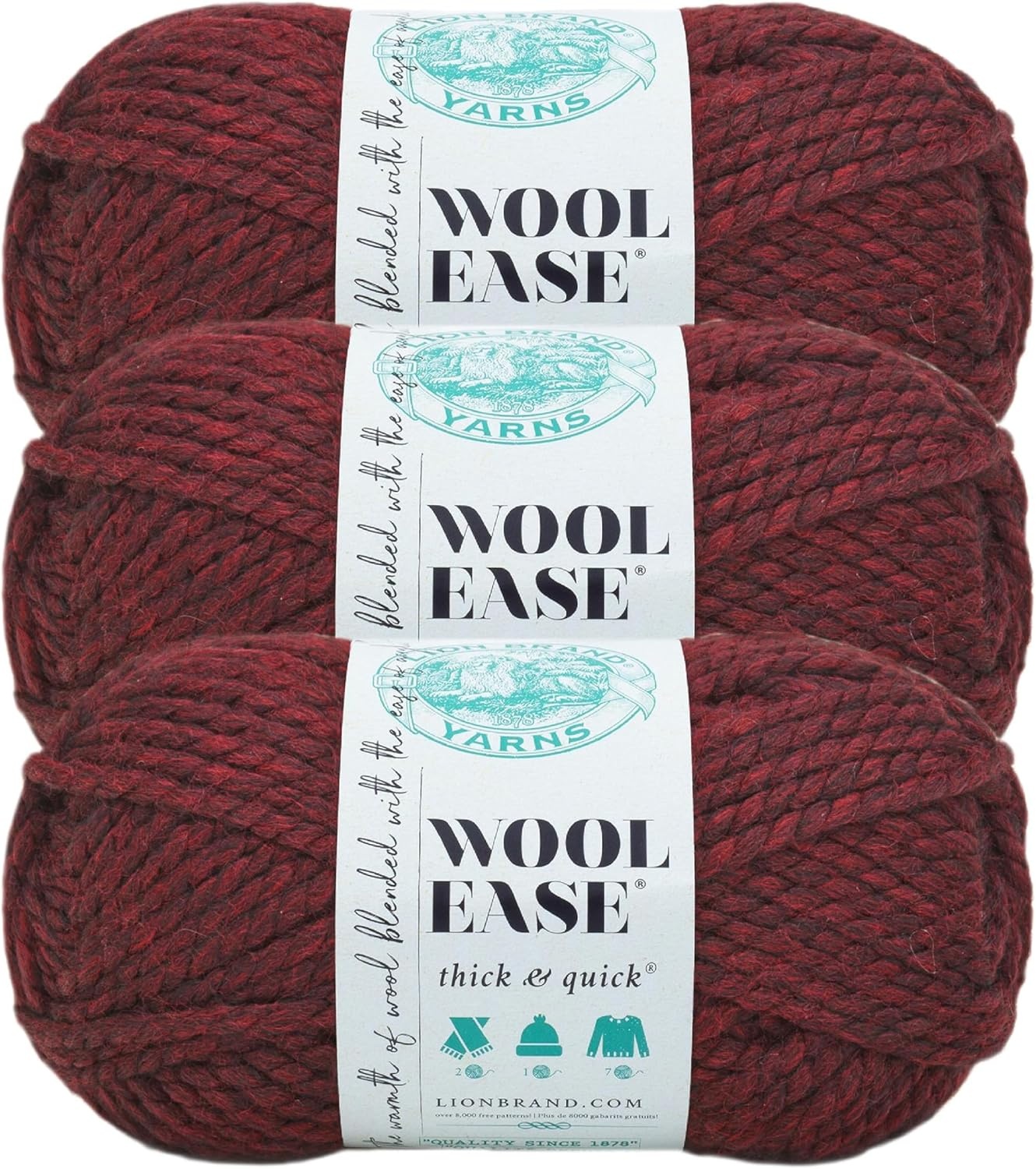 image:imageLion Brand Yarn WoolEase Thick and Quick Yarn Soft and Bulky Yarn for Knitting Crocheting and Crafting 3 Pack Abalone Super Bulky Wool Acrylic Blend Fiber for Soft Hats Sweaters Chunky Blankets Yarn for Crochet Knitting Crafts WeavingClaret