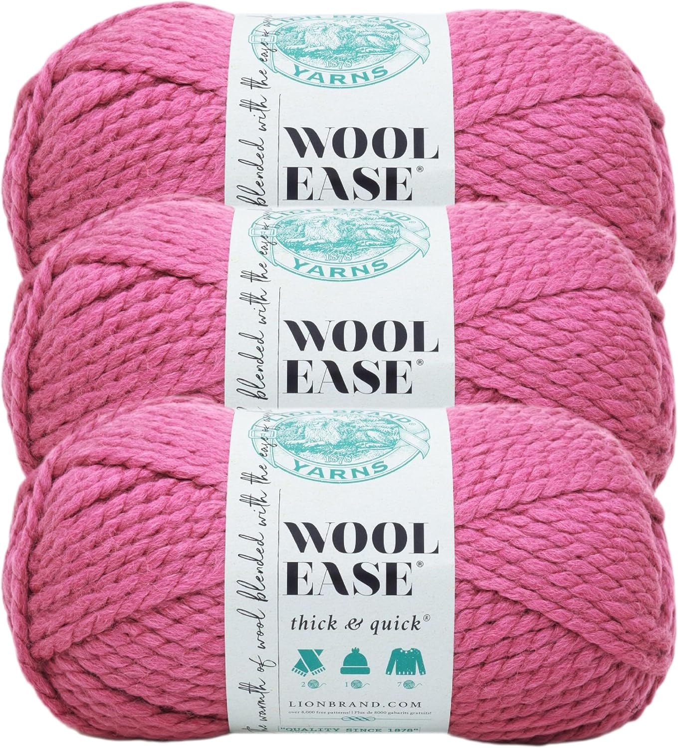 image:imageLion Brand Yarn WoolEase Thick and Quick Yarn Soft and Bulky Yarn for Knitting Crocheting and Crafting 3 Pack Abalone Super Bulky Wool Acrylic Blend Fiber for Soft Hats Sweaters Chunky Blankets Yarn for Crochet Knitting Crafts WeavingRaspberry