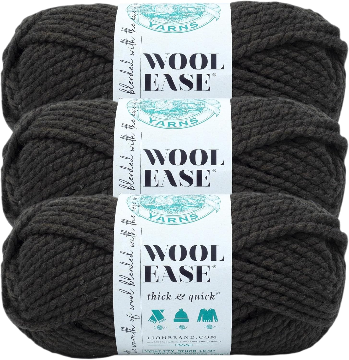 image:imageLion Brand Yarn WoolEase Thick and Quick Yarn Soft and Bulky Yarn for Knitting Crocheting and Crafting 3 Pack Abalone Super Bulky Wool Acrylic Blend Fiber for Soft Hats Sweaters Chunky Blankets Yarn for Crochet Knitting Crafts WeavingBlack Walnut