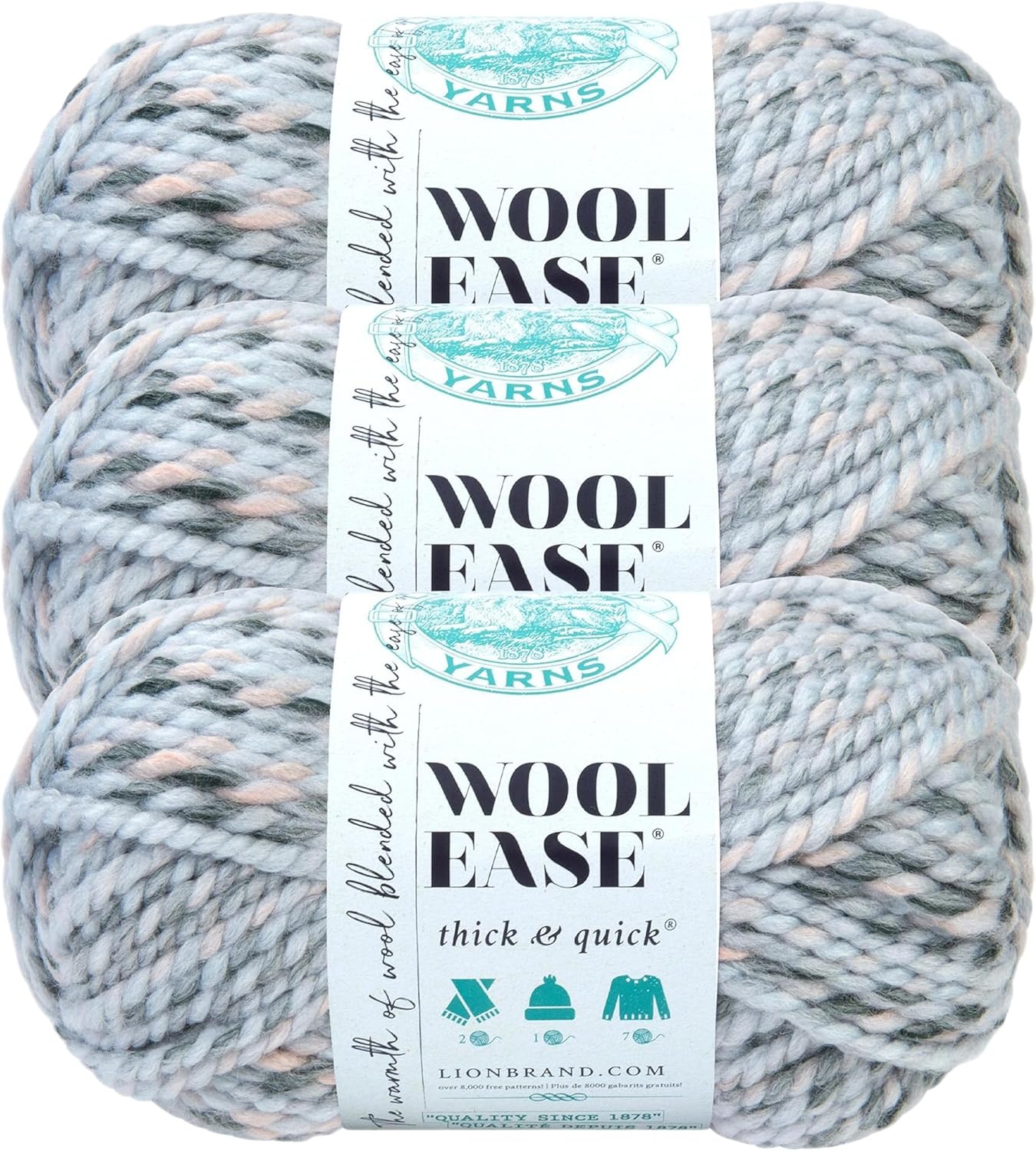 image:imageLion Brand Yarn WoolEase Thick and Quick Yarn Soft and Bulky Yarn for Knitting Crocheting and Crafting 3 Pack Abalone Super Bulky Wool Acrylic Blend Fiber for Soft Hats Sweaters Chunky Blankets Yarn for Crochet Knitting Crafts WeavingArctic Ice