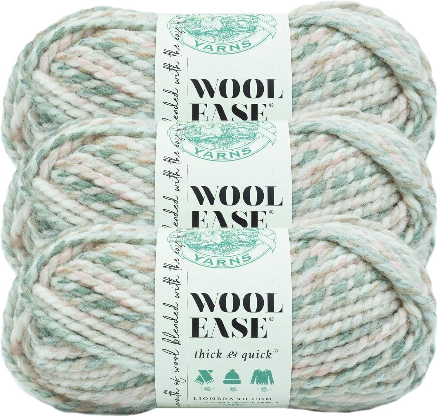 image:imageLion Brand Yarn WoolEase Thick and Quick Yarn Soft and Bulky Yarn for Knitting Crocheting and Crafting 3 Pack Abalone Super Bulky Wool Acrylic Blend Fiber for Soft Hats Sweaters Chunky Blankets Yarn for Crochet Knitting Crafts WeavingSeashell