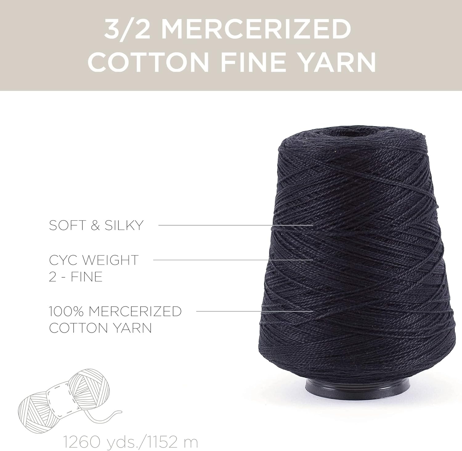 image:imageSilk City Fibers 32 Perle Mercerized Cotton Yarn for Machine Knitting Weaving and Crochet Ivory 1 Cone Designer Yarn for Premium Garments Delicate Shawls and Fine Weight ProjectsBlack