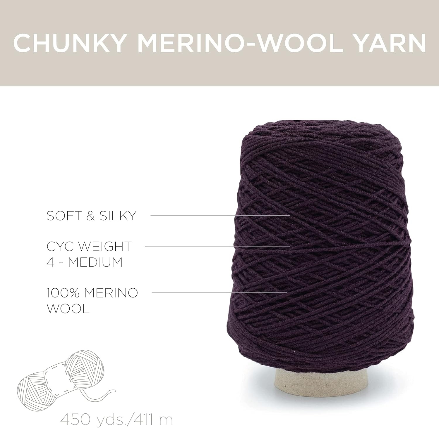 image:imageSilk City Fibers Chunky Merino Wool Yarn for Machine Knitting Weaving and Crochet Nero 1 Cone Classic Designer Yarn for Premium Garments Soft Scarves and Bulky BlanketsEggplant