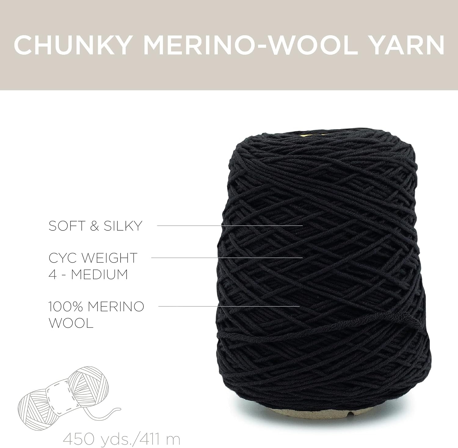 image:imageSilk City Fibers Chunky Merino Wool Yarn for Machine Knitting Weaving and Crochet Nero 1 Cone Classic Designer Yarn for Premium Garments Soft Scarves and Bulky BlanketsNero