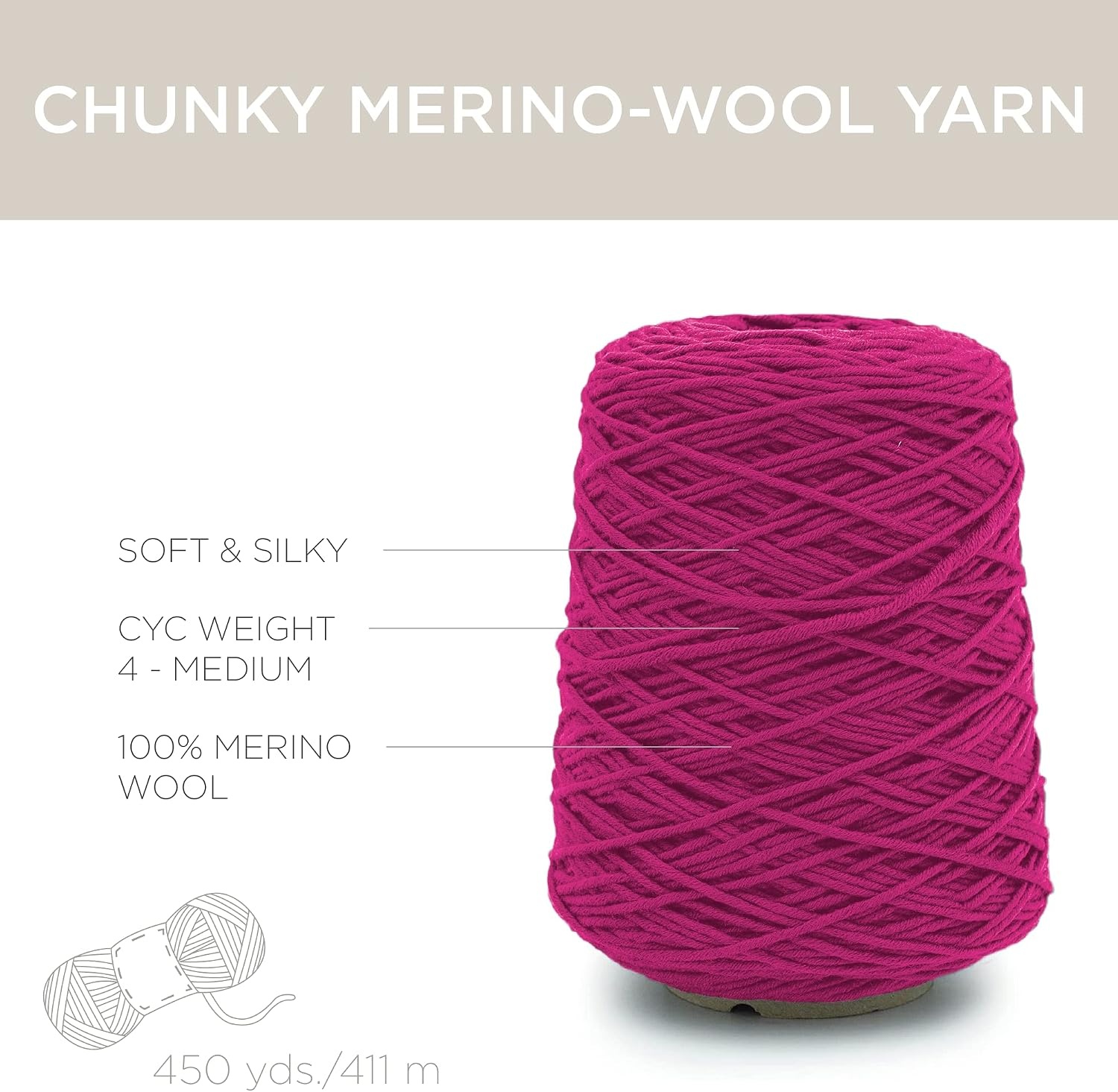 image:imageSilk City Fibers Chunky Merino Wool Yarn for Machine Knitting Weaving and Crochet Nero 1 Cone Classic Designer Yarn for Premium Garments Soft Scarves and Bulky BlanketsPink Cerise