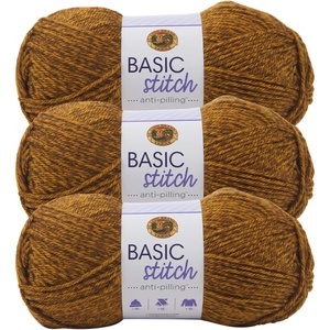 Lion Brand Yarn Basic Stitch Anti-Pilling Yarn for Crocheting, Knitting, and Crafts, Gold Heather, 3 Pack