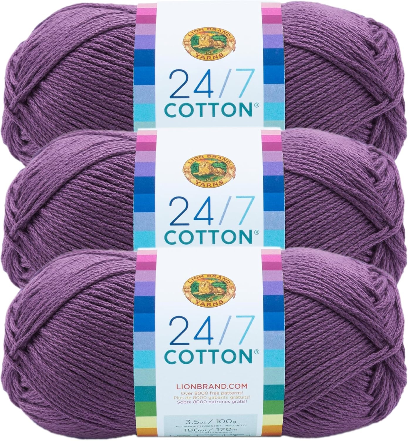 image:imageLion Brand Yarn 247 Cotton Mercerized Lightweight Yarn for Knitting Crochet and Crafts Tea Party 5 Pack Multicolor Pack of Natural Fiber for Breathable Tops Durable Bags and Dish ClothsPurple