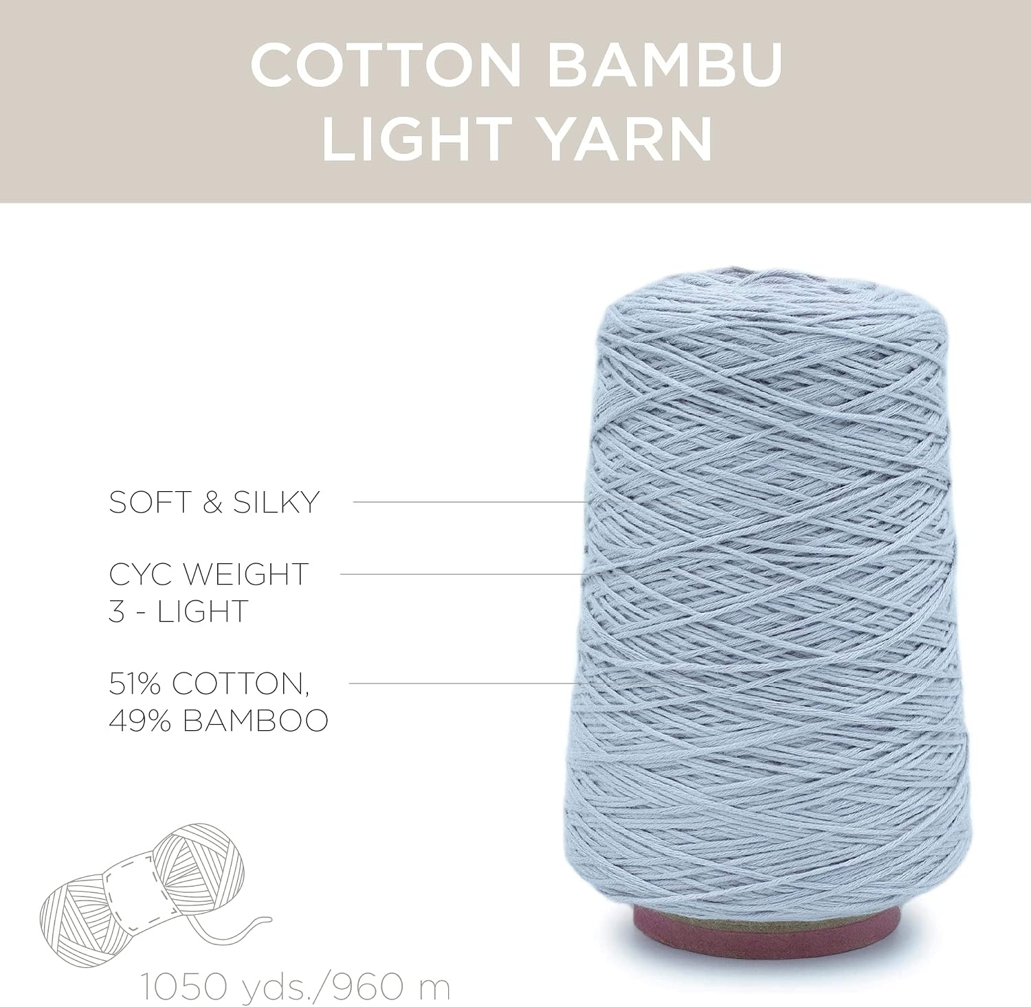 image:imageSilk City Fibers Cotton Bambu Blended Yarn for Machine Knitting Weaving and Crochet Tar 1 Cone Designer Yarn for Premium Garments Soft Shawls and DK Weight ProjectsSilver