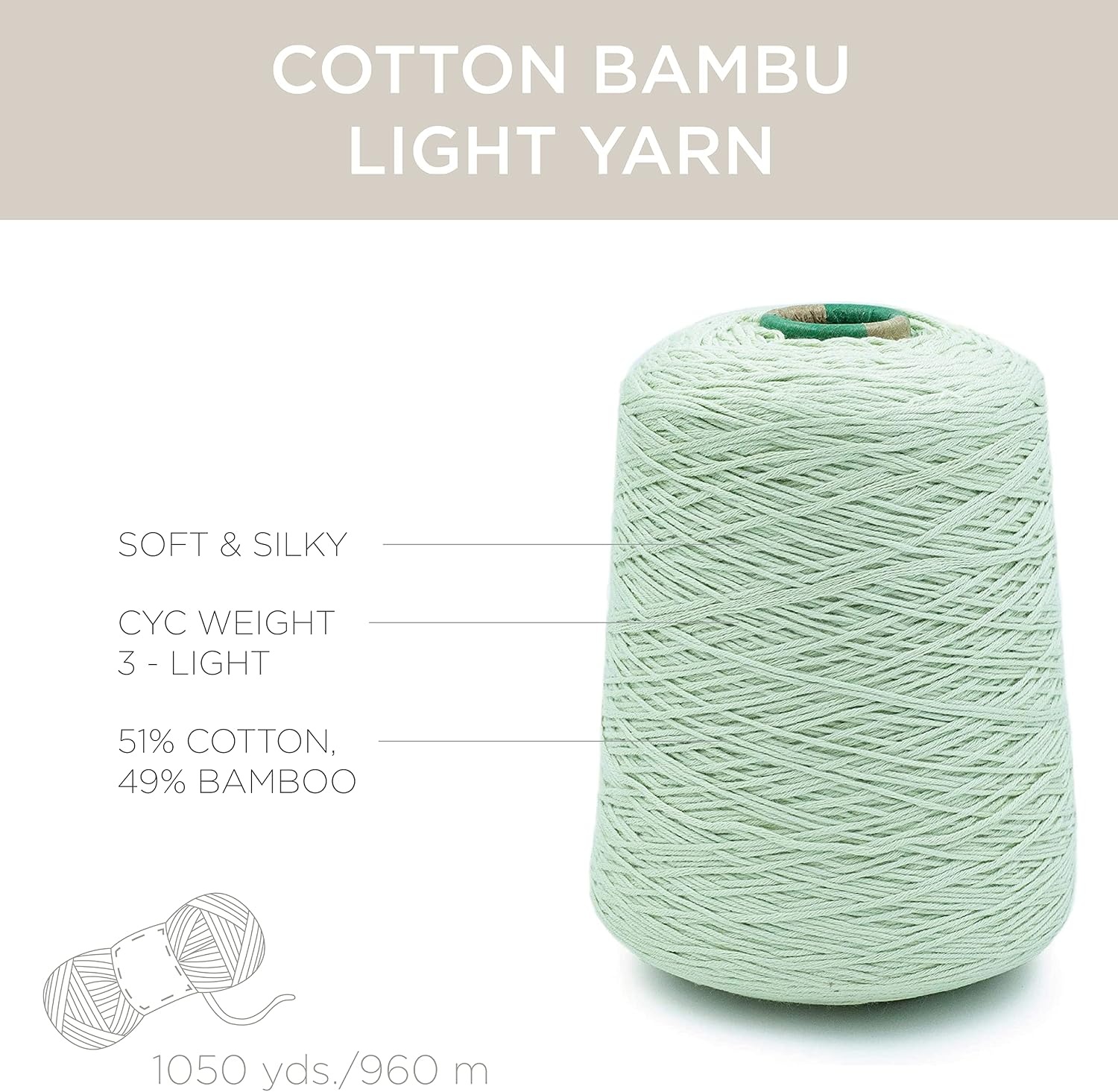 image:imageSilk City Fibers Cotton Bambu Blended Yarn for Machine Knitting Weaving and Crochet Tar 1 Cone Designer Yarn for Premium Garments Soft Shawls and DK Weight ProjectsPale Green