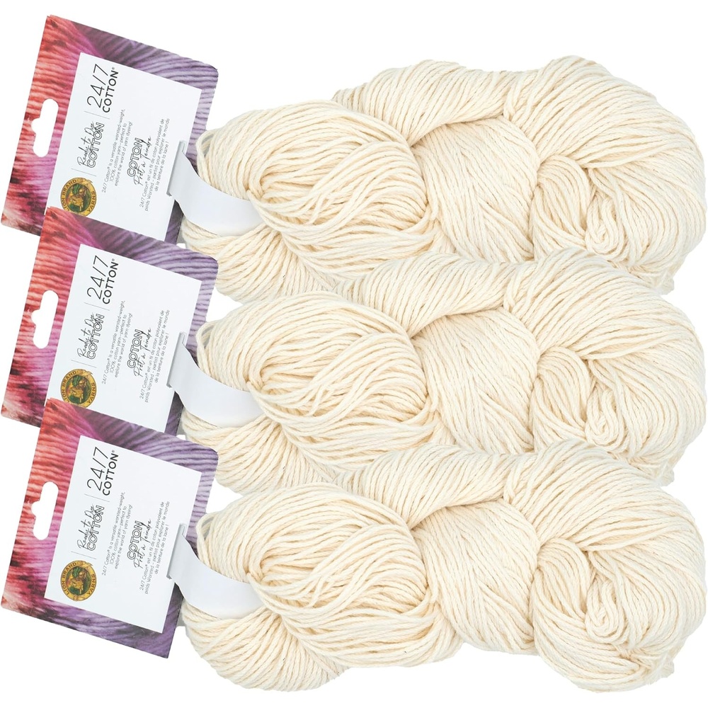 image:imageLion Brand Yarn 247 Cotton Mercerized Lightweight Yarn for Knitting Crochet and Crafts Tea Party 5 Pack Multicolor Pack of Natural Fiber for Breathable Tops Durable Bags and Dish ClothsNatural Ecru Undyed
