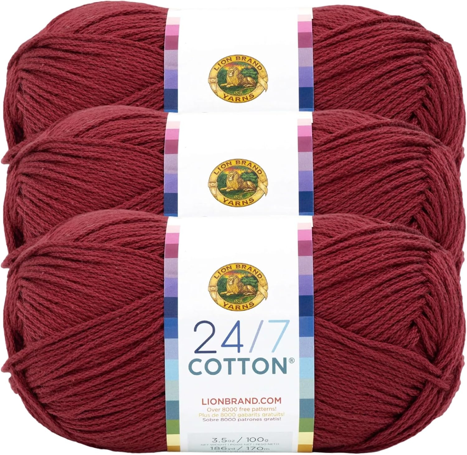 image:imageLion Brand Yarn 247 Cotton Mercerized Lightweight Yarn for Knitting Crochet and Crafts Beachcomber 5 Pack Multicolor Pack of Natural Fiber for Breathable Tops Durable Bags and Dish ClothsBurgundy