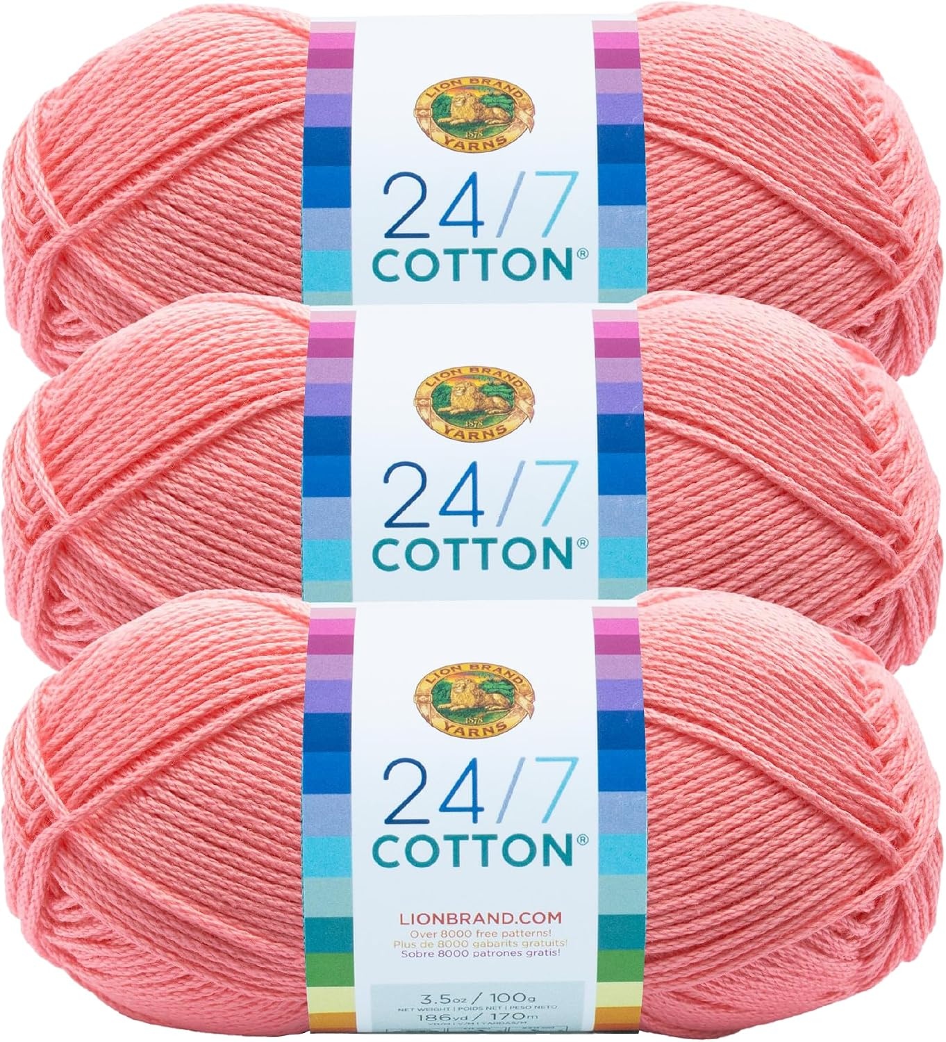 image:imageLion Brand Yarn 247 Cotton Mercerized Lightweight Yarn for Knitting Crochet and Crafts Beachcomber 5 Pack Multicolor Pack of Natural Fiber for Breathable Tops Durable Bags and Dish ClothsPink