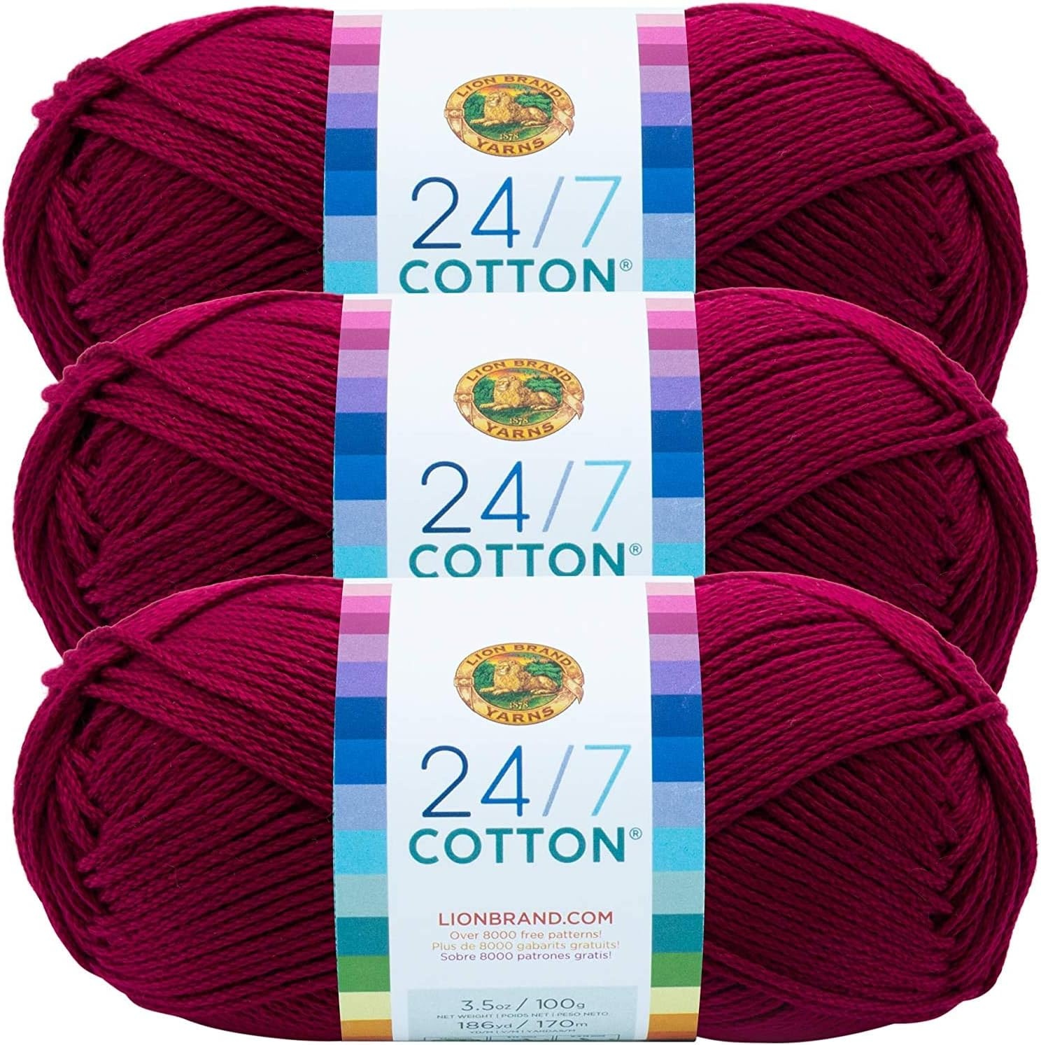 image:imageLion Brand Yarn 247 Cotton Mercerized Lightweight Yarn for Knitting Crochet and Crafts Beachcomber 5 Pack Multicolor Pack of Natural Fiber for Breathable Tops Durable Bags and Dish ClothsMagenta