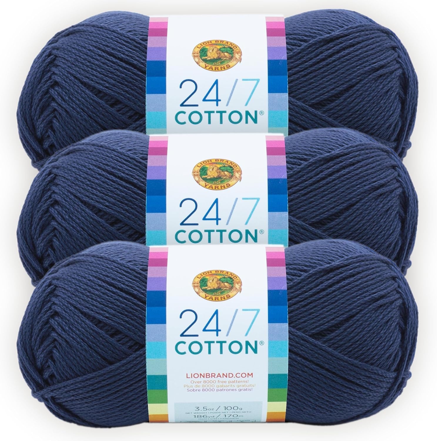 image:imageLion Brand Yarn 247 Cotton Mercerized Lightweight Yarn for Knitting Crochet and Crafts Beachcomber 5 Pack Multicolor Pack of Natural Fiber for Breathable Tops Durable Bags and Dish ClothsNavy