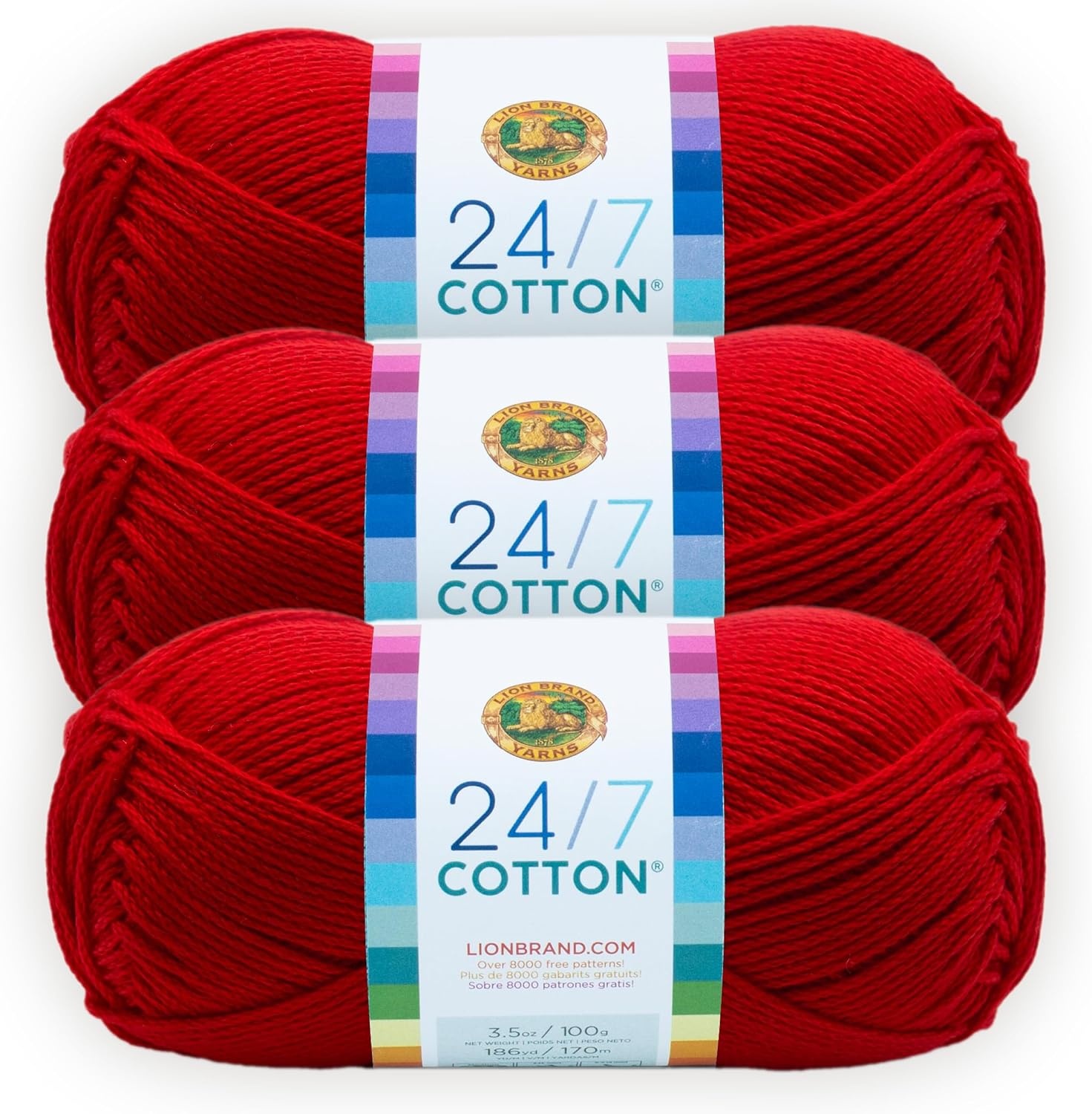 image:imageLion Brand Yarn 247 Cotton Mercerized Lightweight Yarn for Knitting Crochet and Crafts Beachcomber 5 Pack Multicolor Pack of Natural Fiber for Breathable Tops Durable Bags and Dish ClothsRed