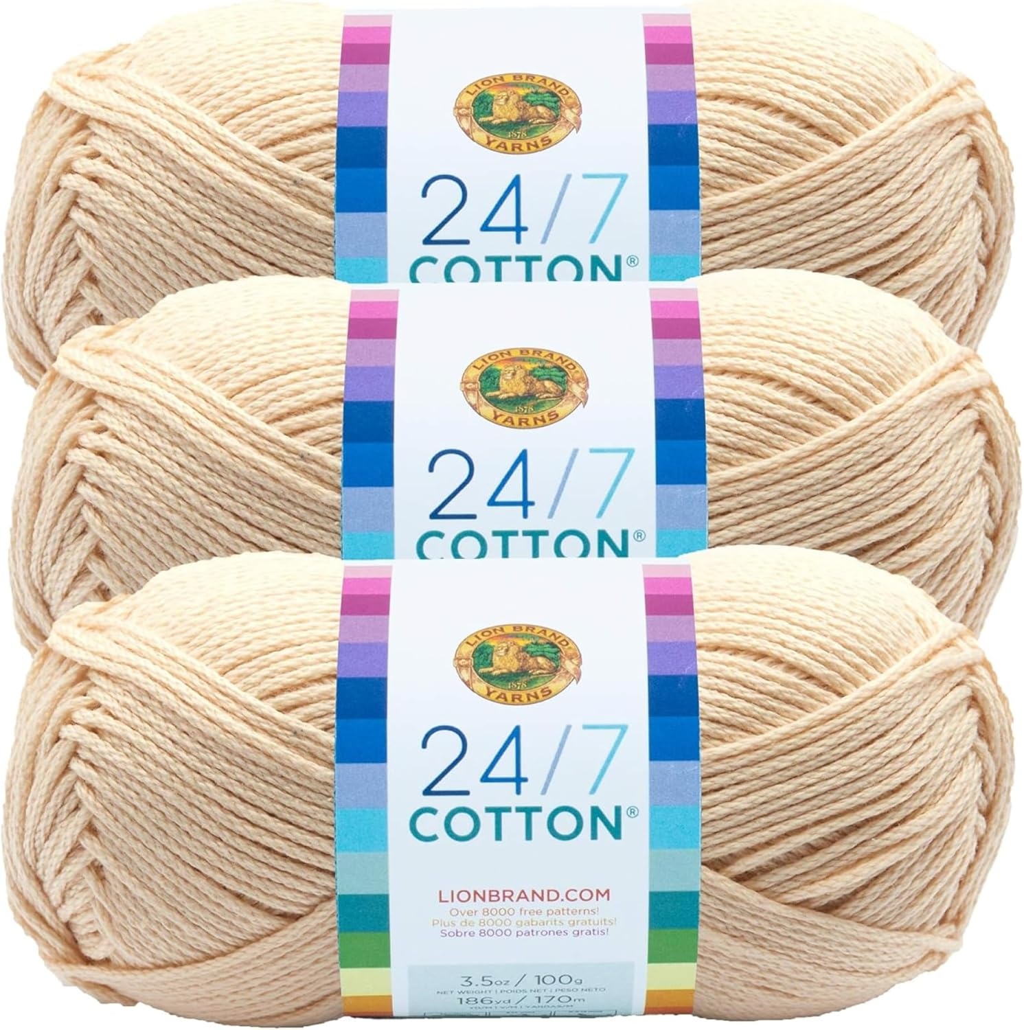 image:imageLion Brand Yarn 247 Cotton Mercerized Lightweight Yarn for Knitting Crochet and Crafts Beachcomber 5 Pack Multicolor Pack of Natural Fiber for Breathable Tops Durable Bags and Dish ClothsEcru