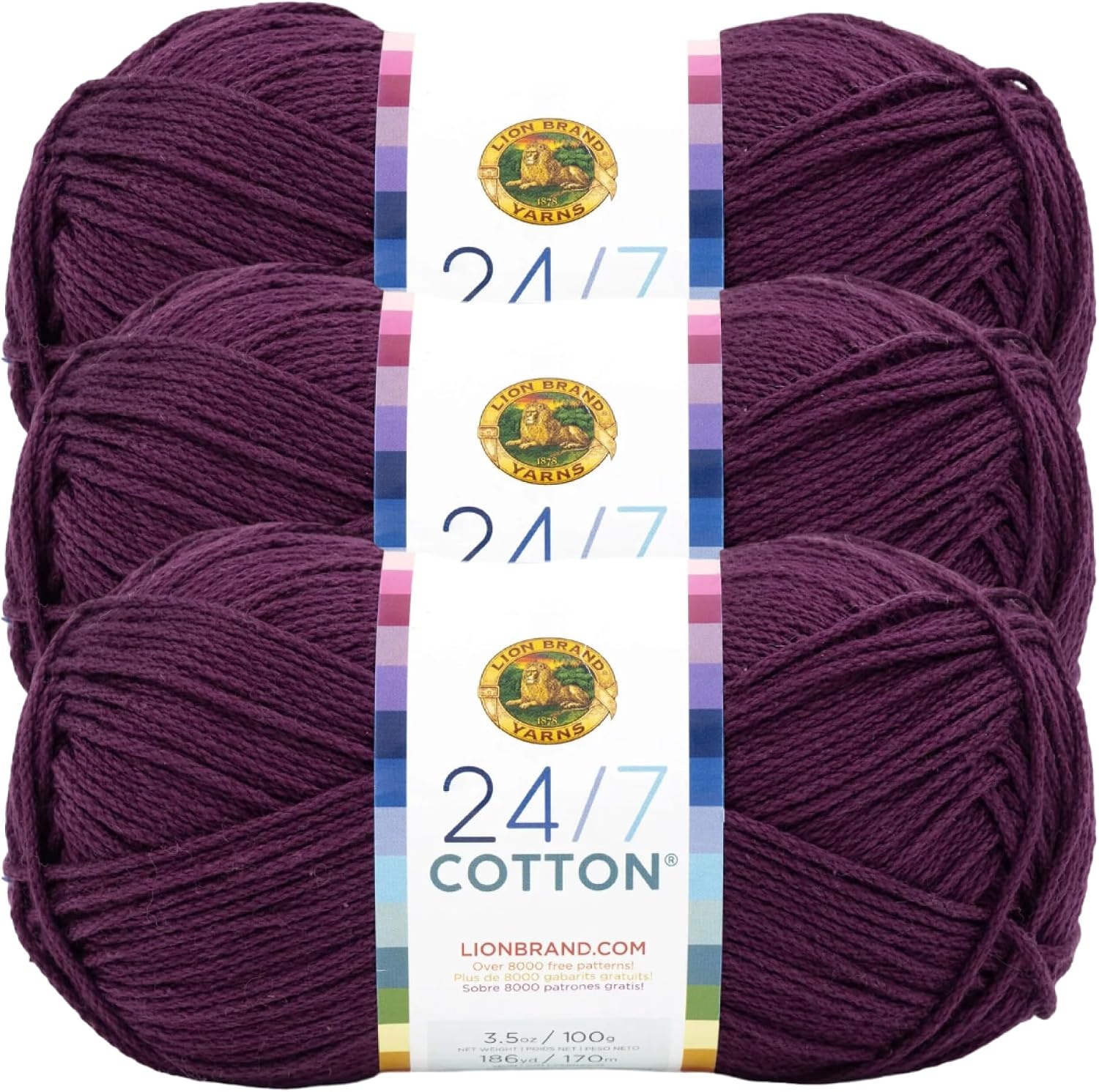 image:imageLion Brand Yarn 247 Cotton Mercerized Lightweight Yarn for Knitting Crochet and Crafts Beachcomber 5 Pack Multicolor Pack of Natural Fiber for Breathable Tops Durable Bags and Dish ClothsEggplant